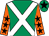 Emerald green, white cross belts, orange sleeves, black stars, emerald green cap, black star