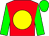 Red body, yellow disc, green arms, green cap