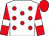 white, red spots, white armlets on red sleeves, red cap