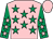Pink, emerald green stars, emerald green sleeves, pink stars and cap