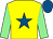 Yellow, royal blue star, light green sleeves, royal blue cap