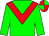 Green body, red chevron, green arms, red cap, green quartered