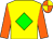 Yellow body, green diamond, orange arms, orange cap, yellow quartered
