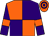 Orange body, purple quartered, purple arms, orange armlets, orange cap, purple hooped