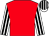 Red, white sleeves, black stripes, white cap, black stripes