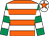 Orange, white hoops, emerald green and white hooped sleeves, white cap, orange star