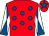 Red, royal blue spots, white and royal blue diabolo on sleeves, red cap, royal blue star