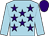 Light blue, purple stars, light blue sleeves, purple cap