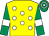 Yellow, white spots, emerald green sleeves, white armlets, hooped cap