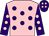 Pink, purple spots, purple sleeves, pink spots, purple cap, pink spots