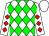 white, green diamonds, white sleeves, red diamonds, white cap