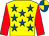 Yellow, royal blue stars, red sleeves, yellow & royal blue quartered cap