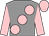 Grey, large pink spots & sleeves, pink cap