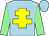 Light blue, yellow cross of lorraine, light green sleeves, light blue cap
