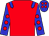 red, blue epaulets, blue sleeves, red spots, blue cap, red spots