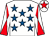 White, royal blue stars, white and red diabolo on sleeves, white cap, red star