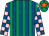 Royal blue and emerald green stripes, pink and royal blue check sleeves, emerald green cap, orange star