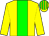 Yellow body, big-green stripe, yellow arms, big-green halved, yellow cap, big-green striped