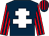 Dark blue, white cross of lorraine, red and dark blue striped sleeves, dark blue and red striped cap