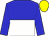 blue and white halved horizontally, blue sleeves, yellow cap