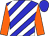 blue and white diagonal stripes, orange sleeves, blue cap