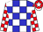 Blue and white checks, red and white checked sleeves, red cap, white star and peak