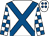 White, royal blue cross belts, check sleeves, white cap, royal blue spots