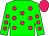 Green body, rose spots, green arms, rose spots, rose cap