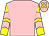Pink, yellow and pink chevrons on sleeves, pink cap, yellow spots