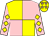Yellow and pink (quartered), pink sleeves, yellow diamonds, yellow cap, pink stars
