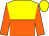 yellow and orange halved horizontally, orange sleeves, yellow cap