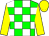 Green and white checked, yellow sleeves and cap