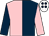 Dark blue & pink halved, sleeves reversed, white cap, dark blue spots