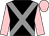 Black, grey cross belts, pink sleeves and cap