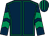 Dark blue, emerald green seams, chevrons on sleeves, striped cap