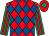 Red and royal blue diamonds, emerald green and red striped sleeves, red cap, emerald green diamond