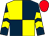 Yellow and dark blue (quartered), dark blue and yellow chevrons on sleeves, red cap