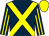 Dark blue, yellow cross belts, striped sleeves, yellow cap