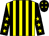 Yellow body, black striped, black arms, yellow stars, black cap, yellow stars