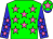 Green, hot pink stars, blue sleeves, hot pink stars, green cap, hot pink star, blue peak