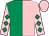 Emerald green and pink (halved), pink sleeves, emerald green diamonds, pink cap