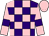 Purple and pink check, pink sleeves, purple armlets, pink cap