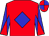 Red body, blue diamond, blue arms, red diaboloes, red cap, blue quartered