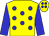 yellow, blue spots, blue sleeves, yellow cap, blue spots