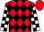 red, black diamonds, black and white checked sleeves, red cap
