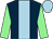 Dark blue, light blue stripe, light green arms, light blue cap