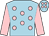 Light blue, pink spots, pink sleeves, pink spots on cap