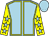 Light blue, yellow seams, yellow sleeves, light blue stars, light blue cap