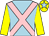 Light blue, pink cross belts, yellow sleeves, yellow cap, light blue star