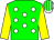 Green body, white spots, yellow arms, white cap, green striped